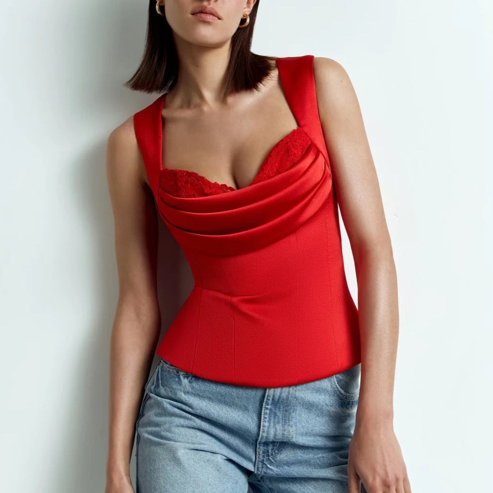 ROZIE CORSETS Red Draped Satin Lace Bustier Corset Top FR34 US0 NWT